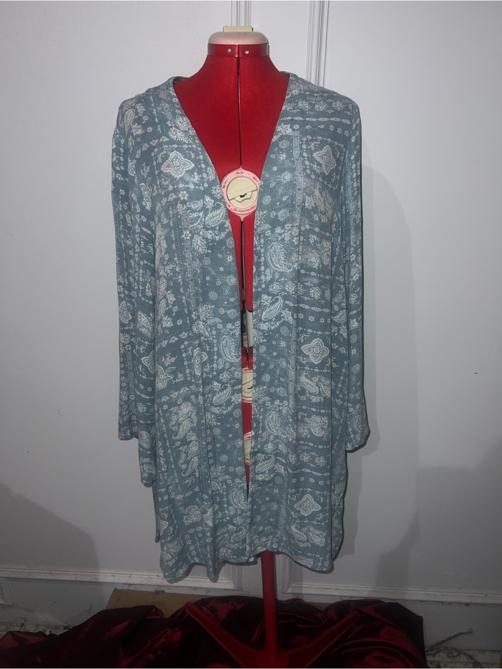 Knox Rose Light Blue Paisley Open Front Women's Cardigan Duster size large